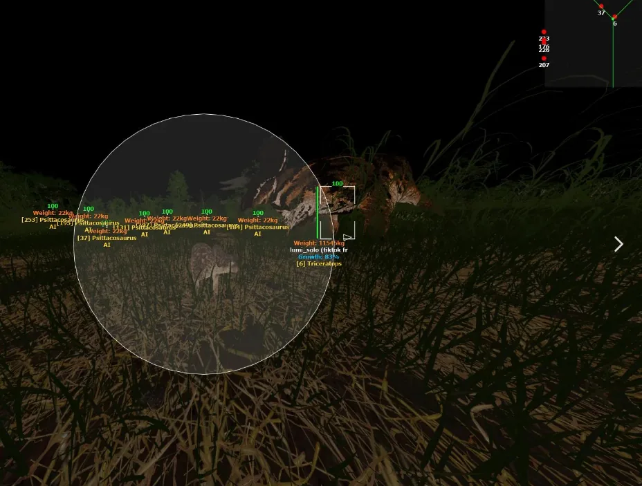 Creature ESP overlay with distance readouts in The Isle