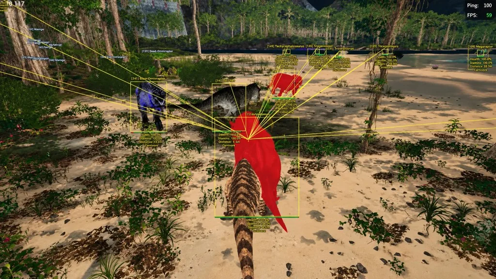 Wallhack outlines showing dinosaurs through walls in The Isle