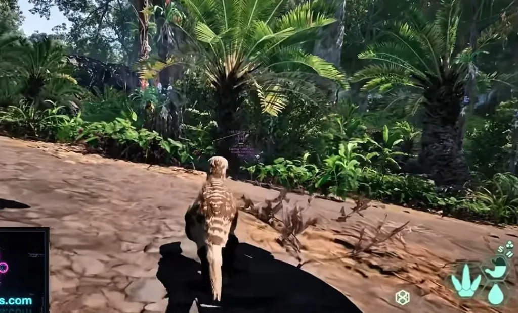 The Isle Evrima creature stats overlay with HP and stamina readouts in jungle