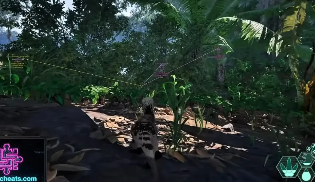 The Isle Evrima creature ESP with species labels and snaplines through dense foliage