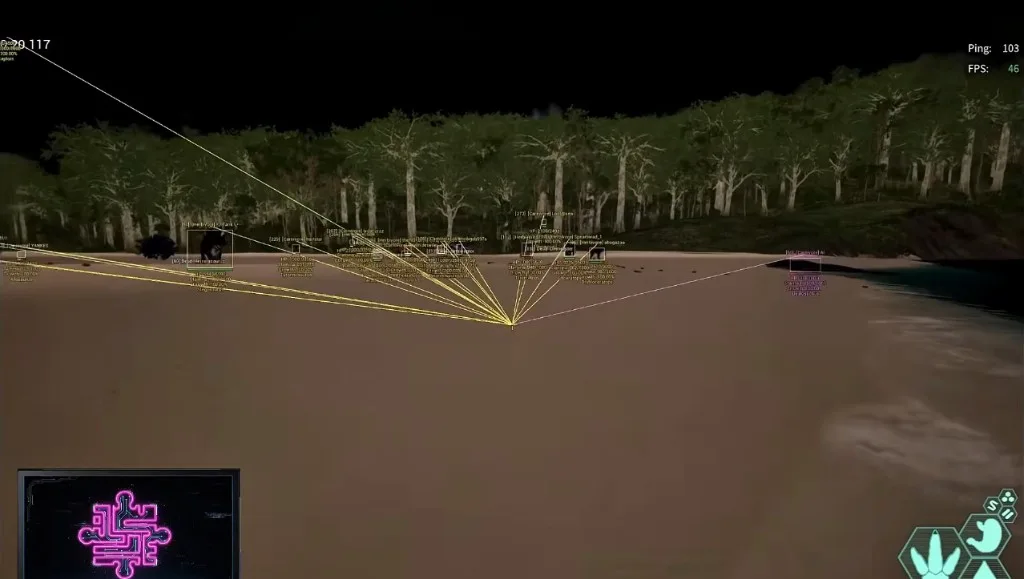 The Isle Evrima radar-style tracers fanning out to tracked players on a night beach