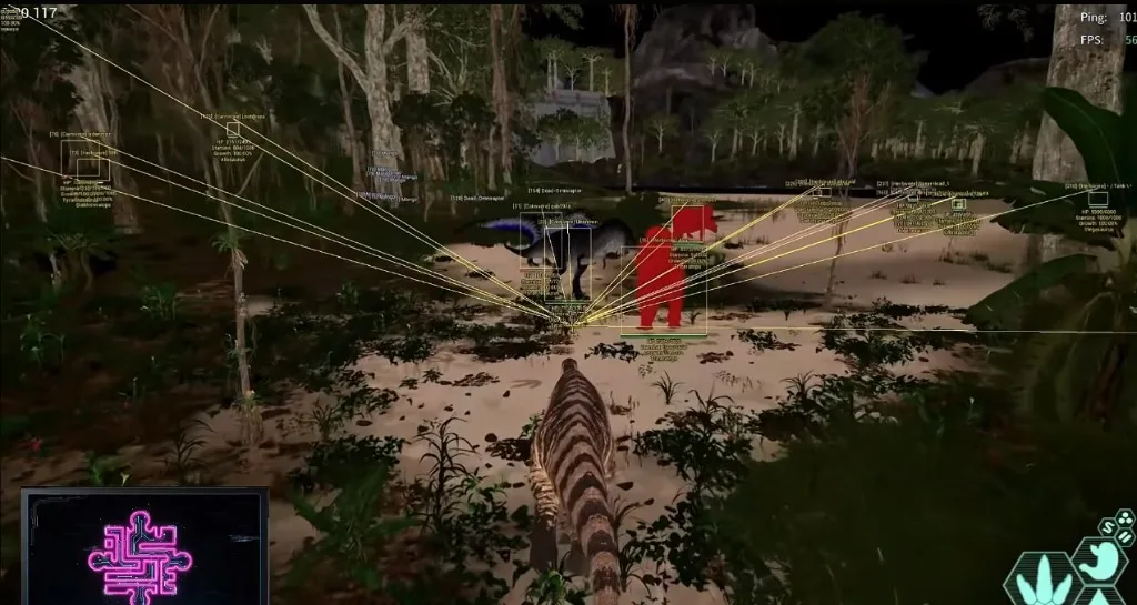The Isle Evrima entity ESP boxes and tracers highlighting dinosaurs at night