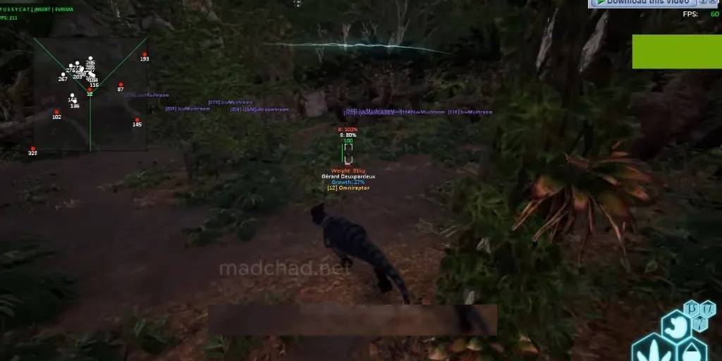 The Isle Evrima 2D radar minimap with creature dots and entity labels in jungle