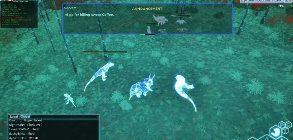 The Isle Evrima top-down creature ESP with distance labels in combat